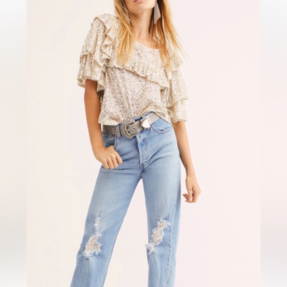 Free People Gold Sequin Ruffle Short Sleeve Top - Picture 6 of 10
